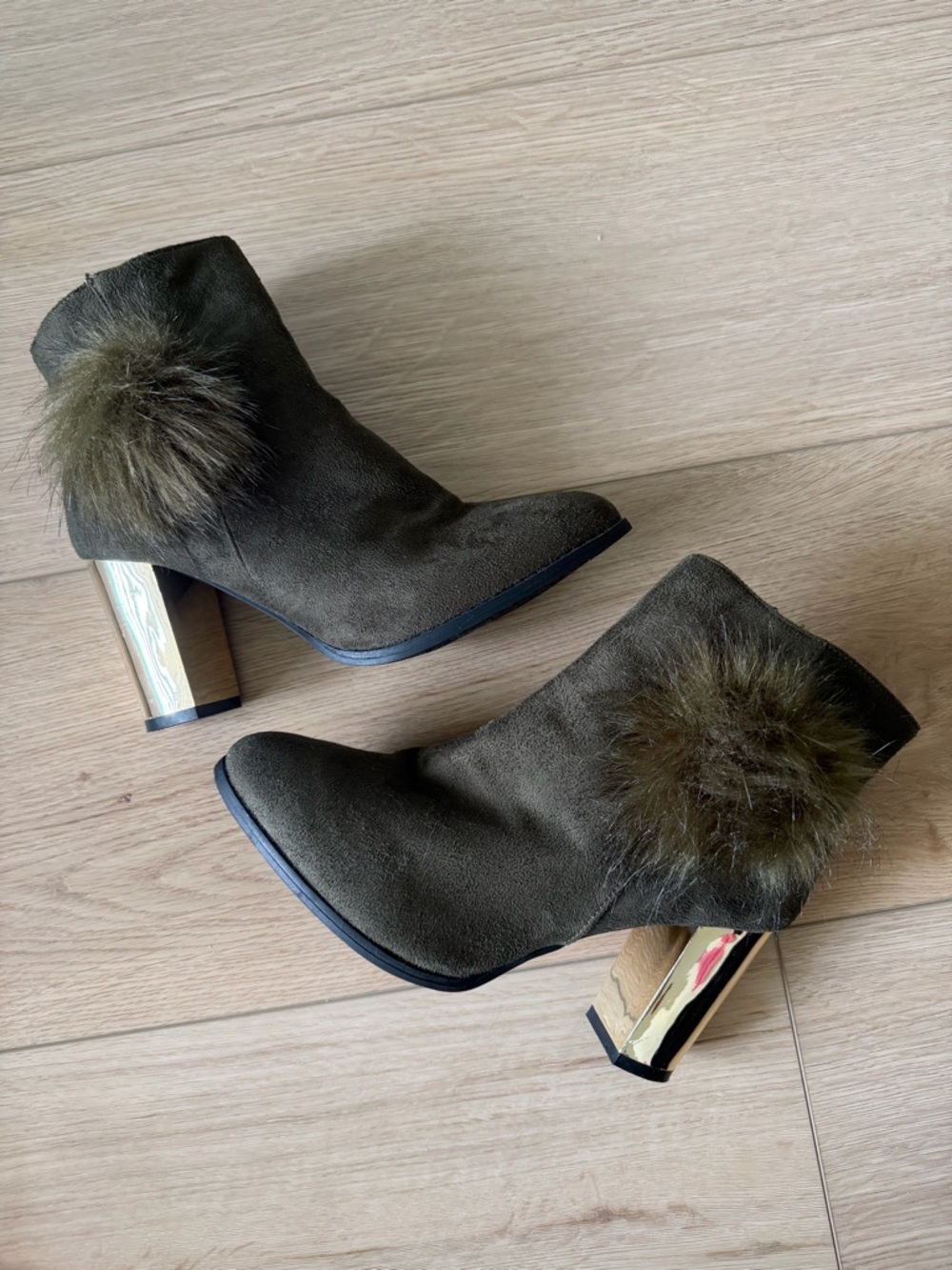 Olivia Miller Olive Suede Ankle Booties with Fur Pom and Metallic Heel